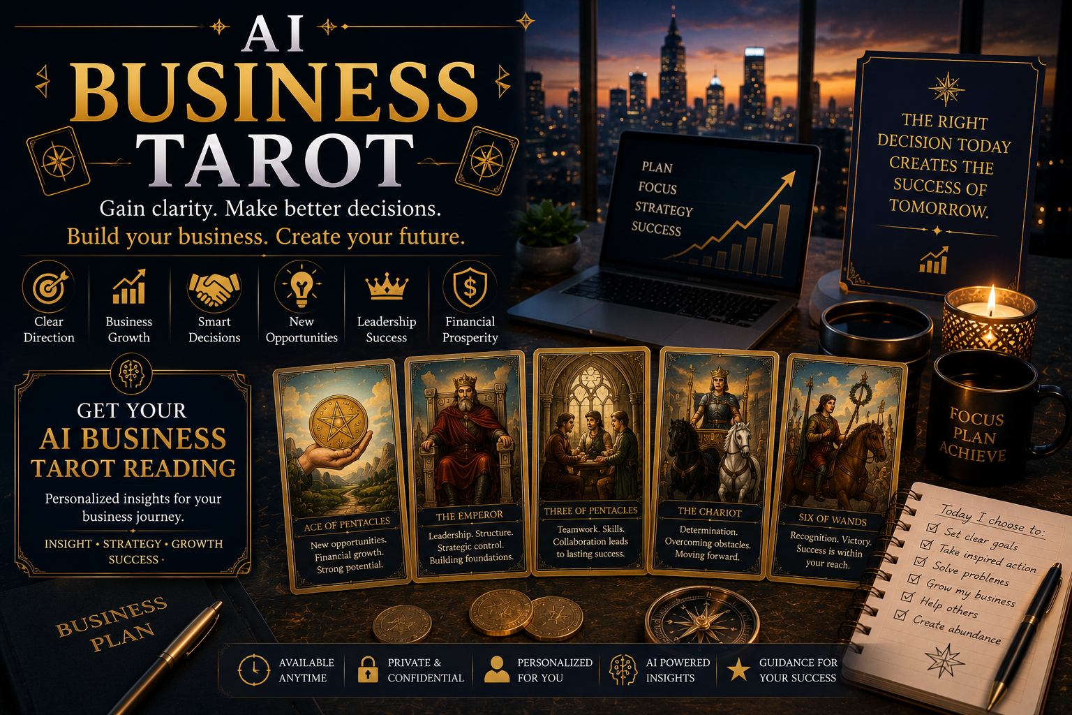 A digital representation of AI Business Tarot cards reflecting strategic leadership and professional growth.