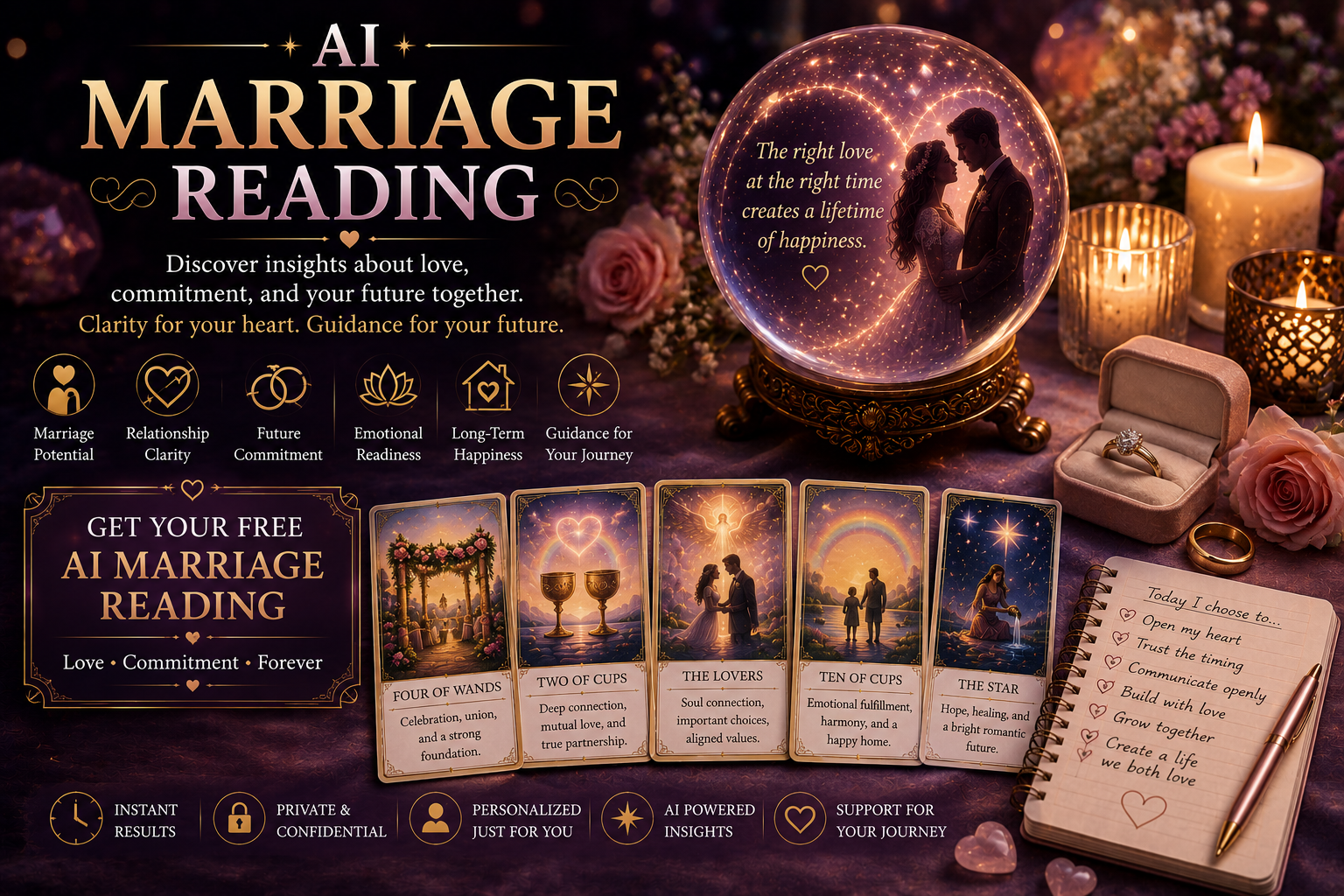 A digital representation of tarot cards glowing with light, symbolizing an AI marriage reading for future love.