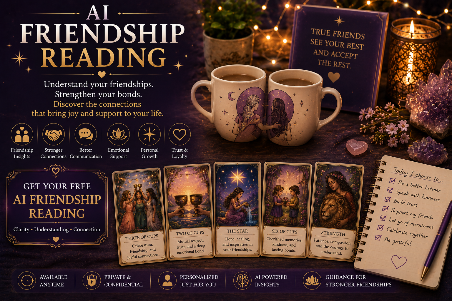 A digital representation of tarot cards reflecting friendship, connection, and spiritual guidance through AI.