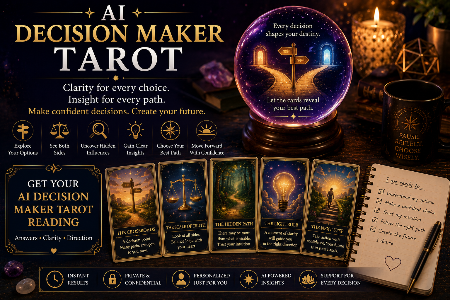 A digital interface showing stylized tarot cards used for making life decisions with AI assistance.