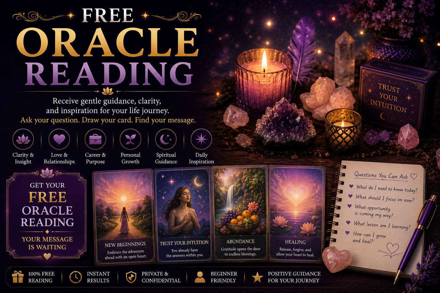 A peaceful setting with diverse oracle cards spread out for an intuitive spiritual reading.