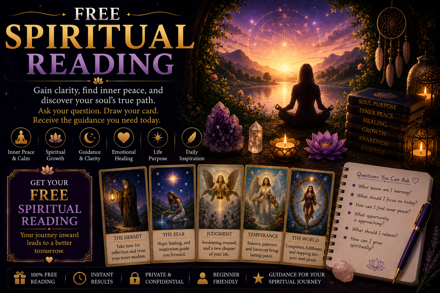 A peaceful setting with tarot cards and spiritual elements for a reading.