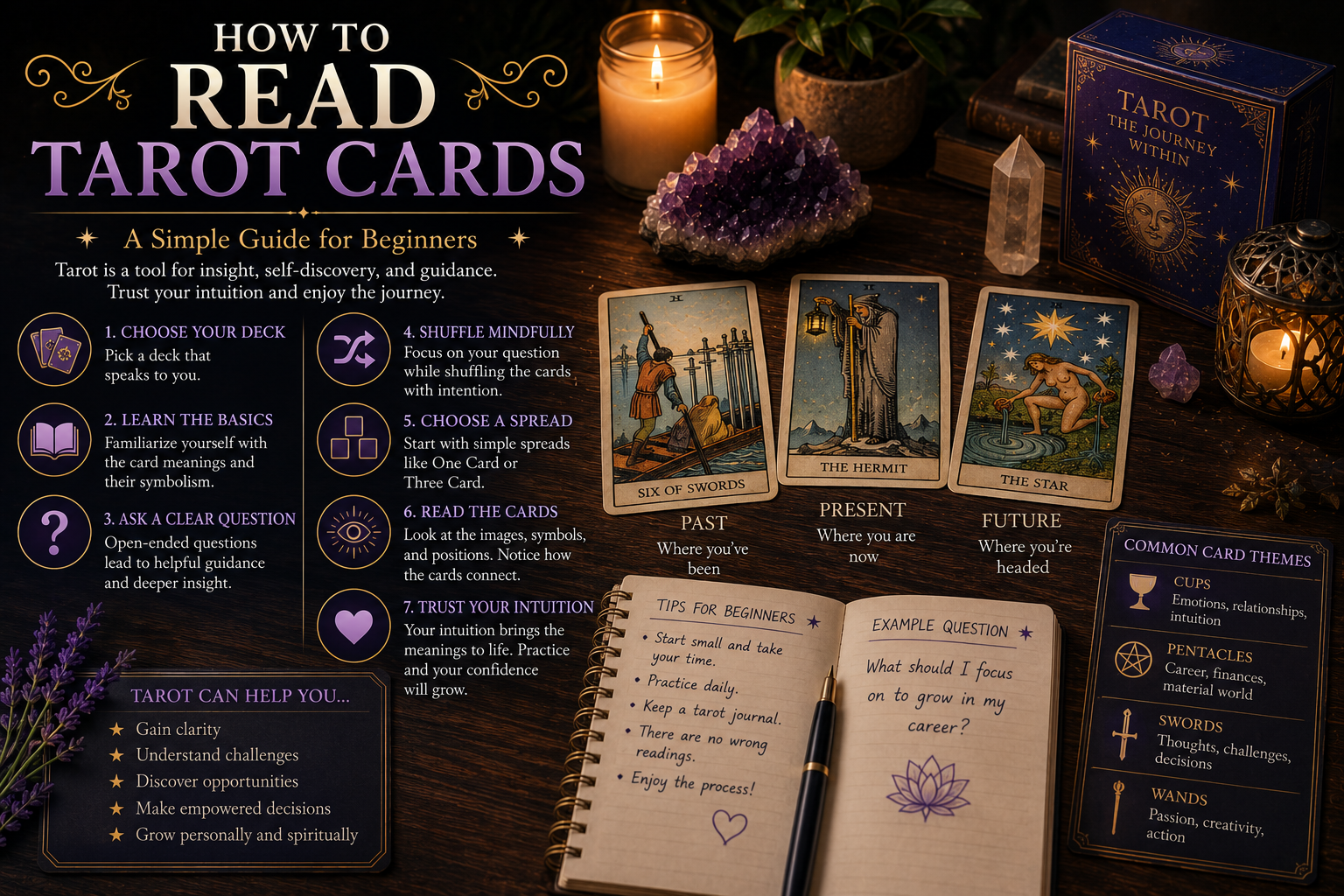 A beginner-friendly arrangement of tarot cards and a guidebook on a wooden table.