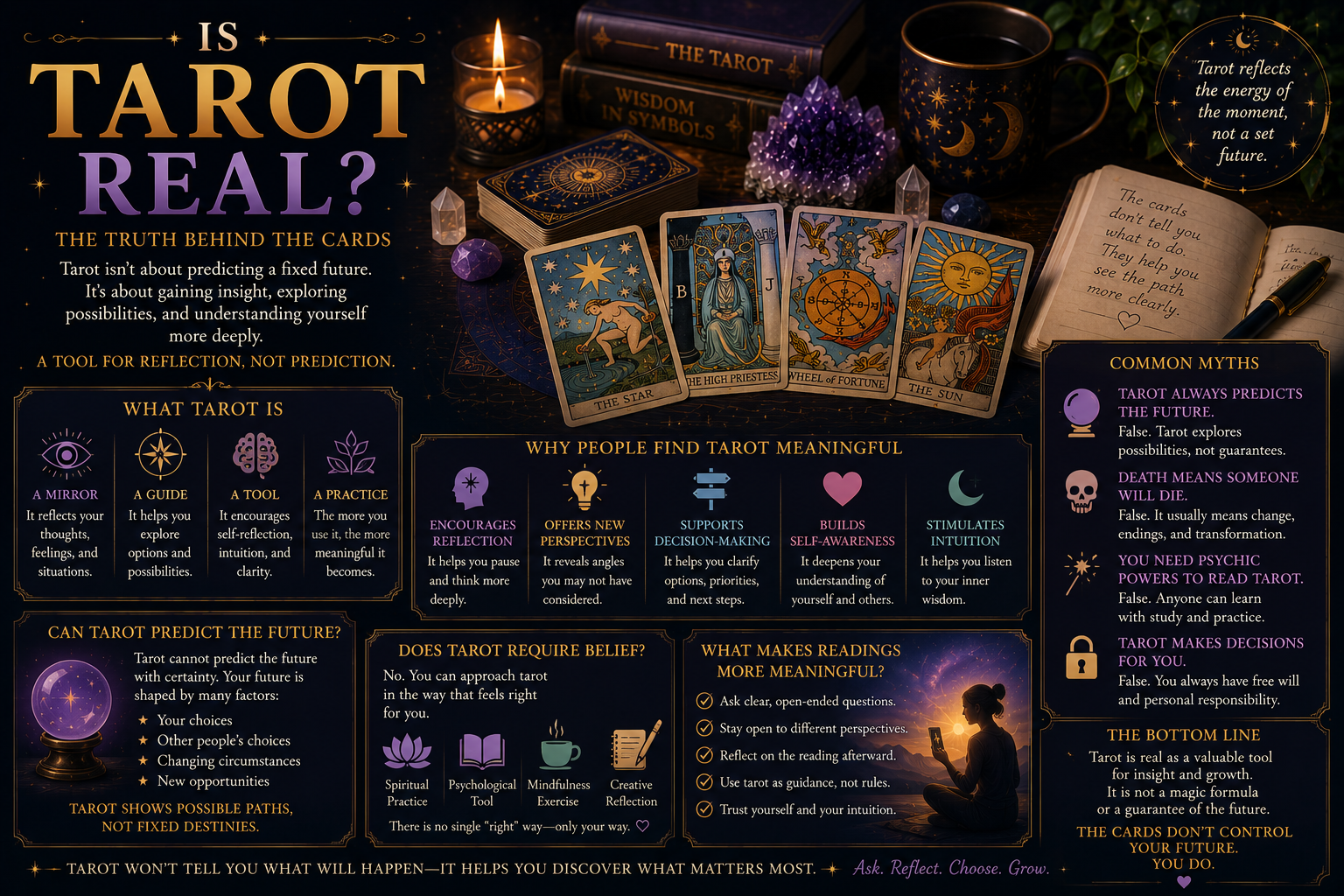 A person laying out tarot cards on a table for a reflective reading session.