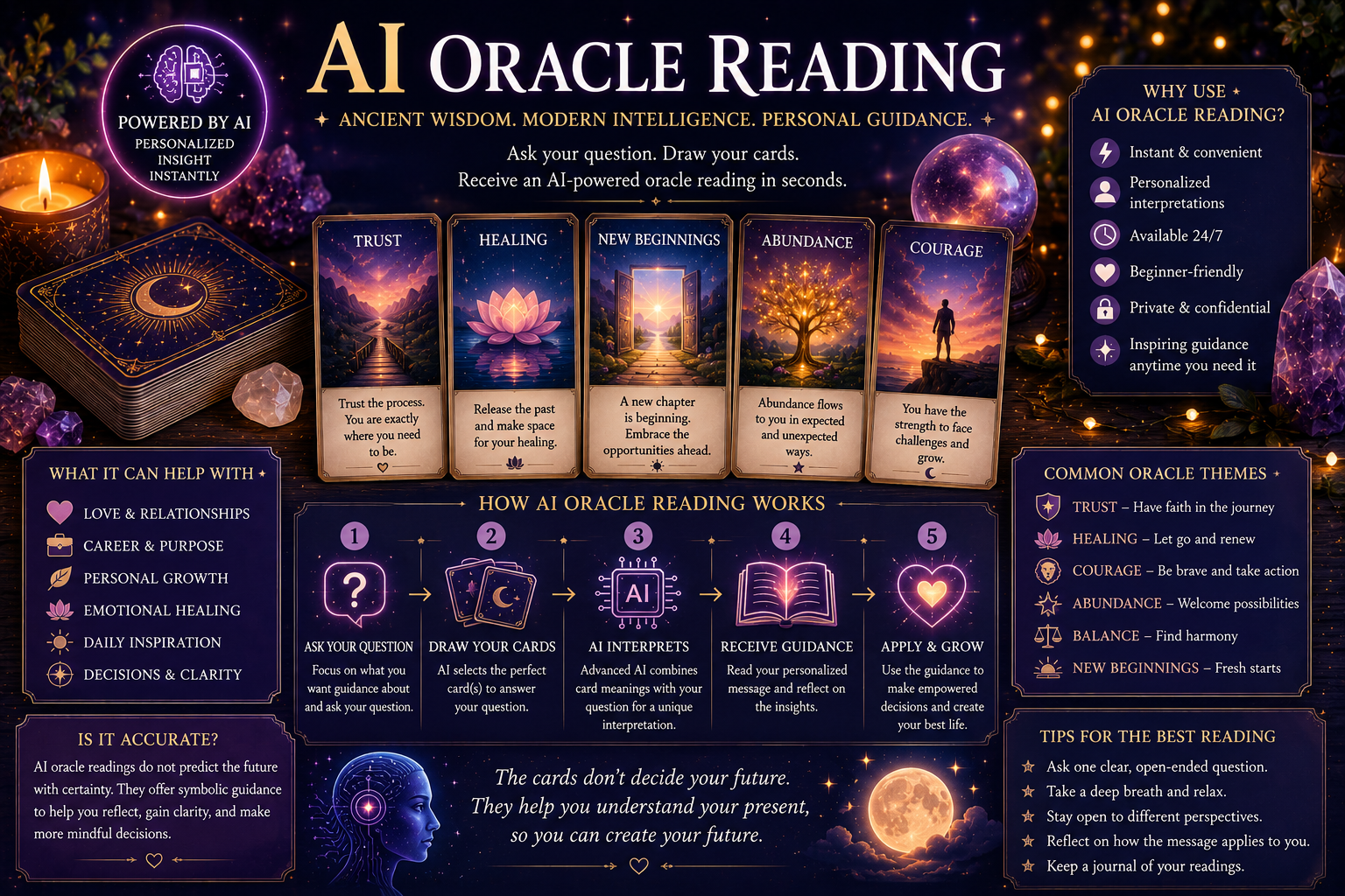 A glowing digital oracle card displaying symbolic light patterns and AI-generated insights.