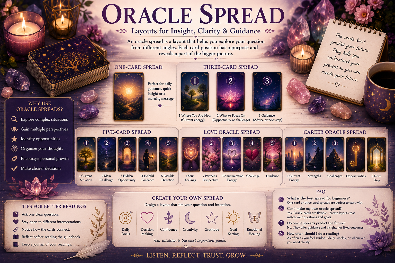 A variety of oracle cards arranged in a structured spread for a spiritual reading.