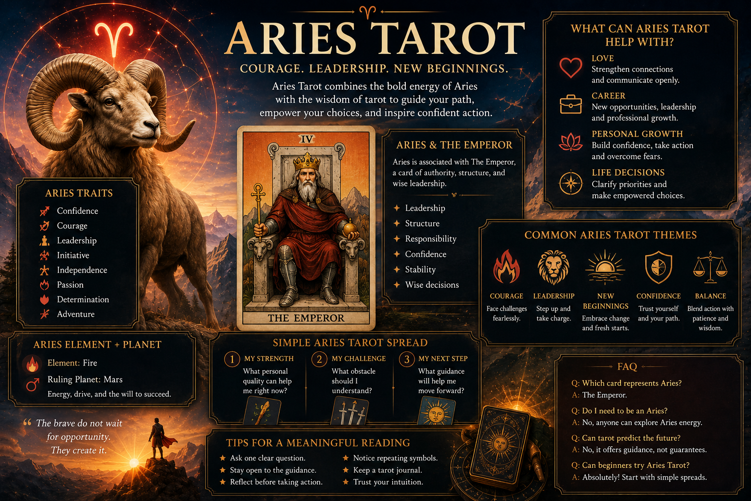 A decorative tarot card representing The Emperor and Aries zodiac symbol