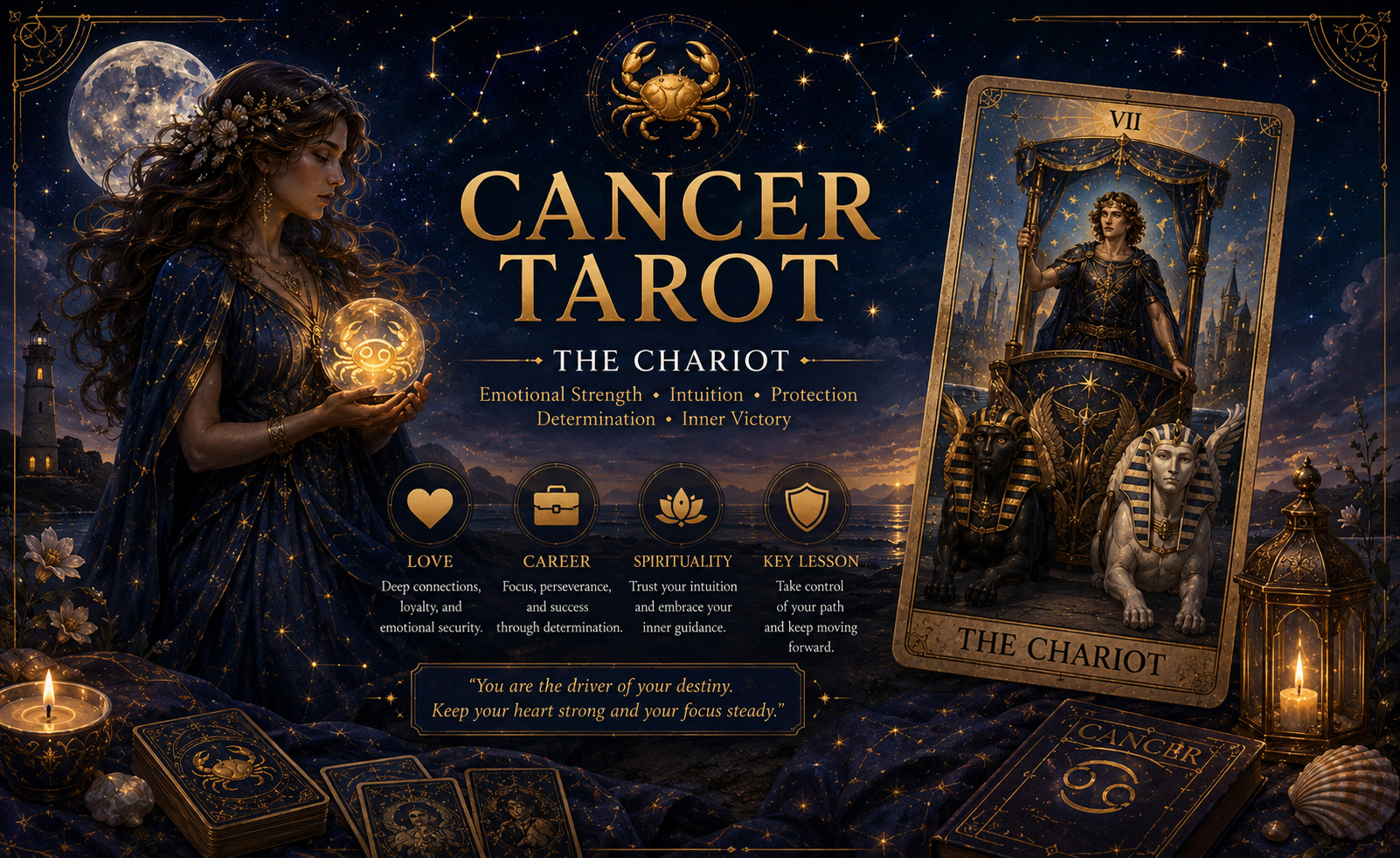 The Chariot tarot card representing the zodiac sign Cancer