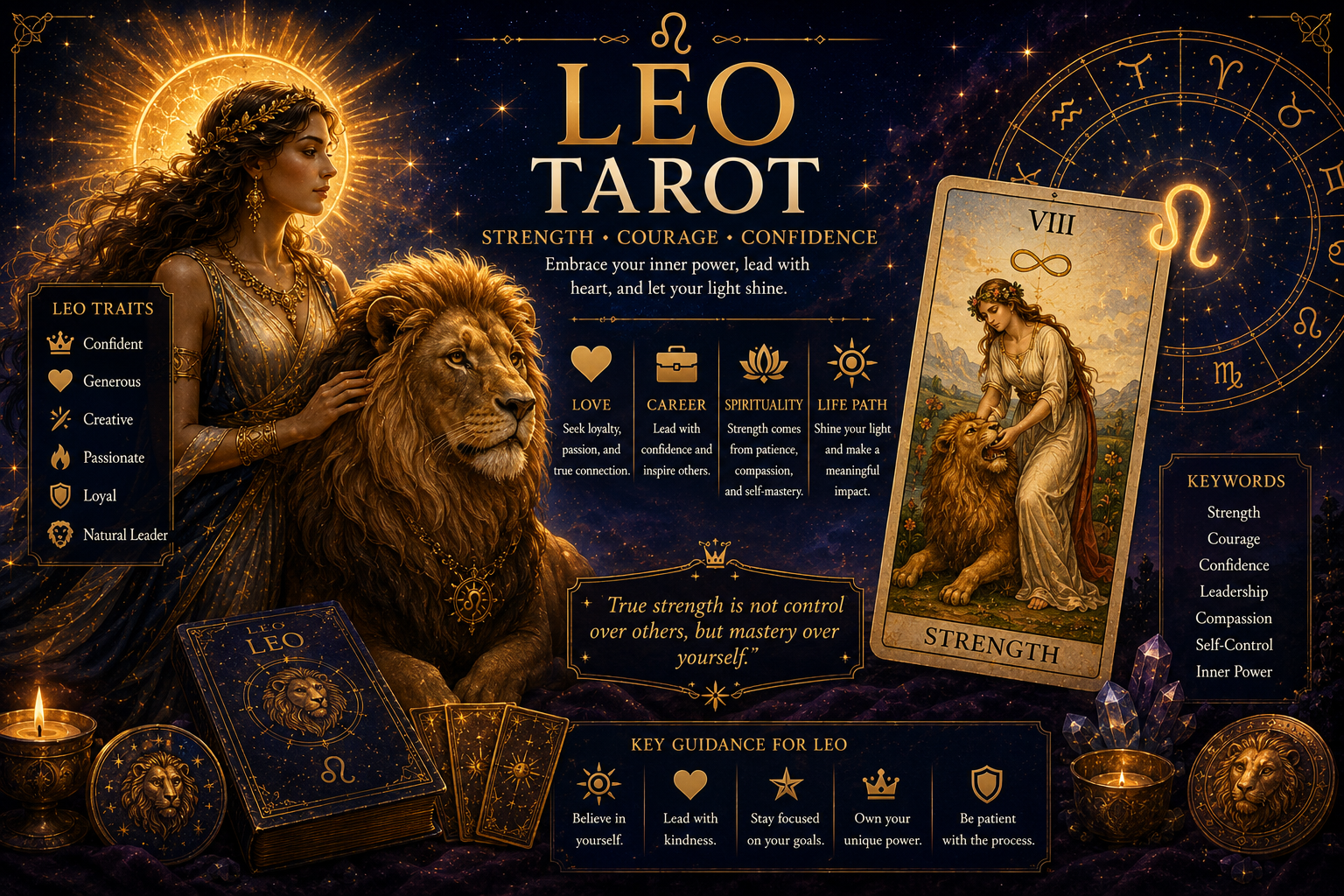 The Strength tarot card representing Leo zodiac energy with a lion and a courageous figure.