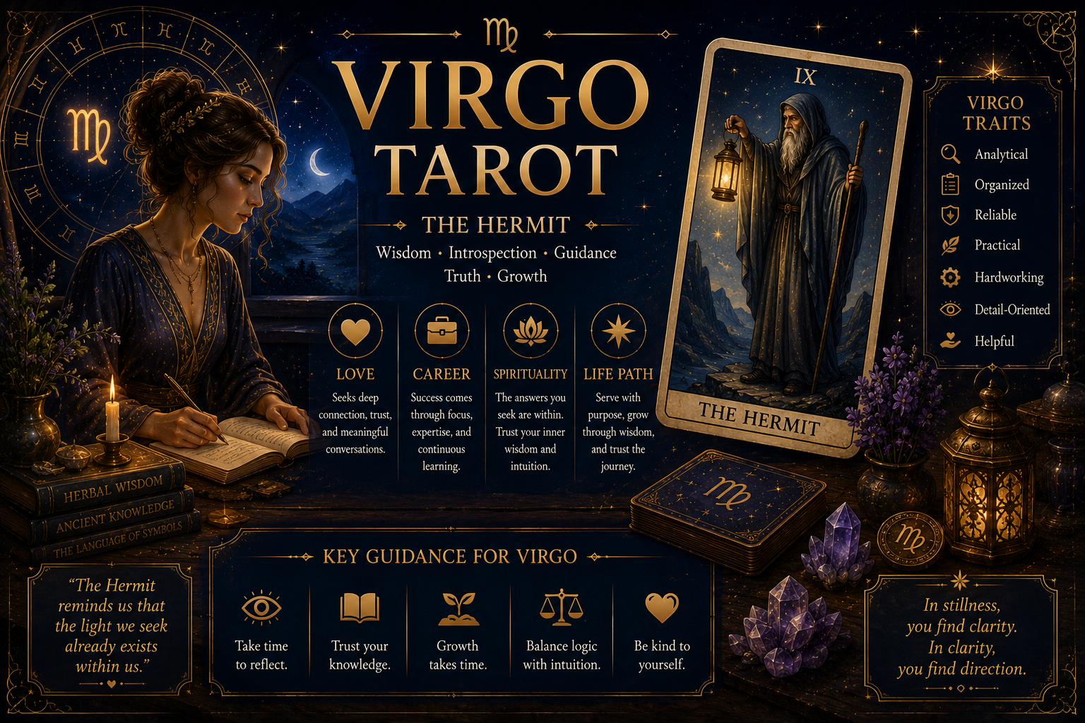 The Hermit tarot card representing the zodiac sign Virgo with a glowing lantern of wisdom