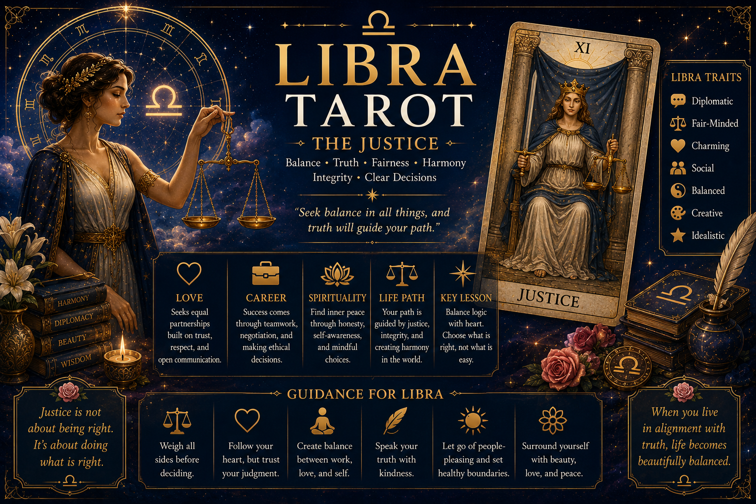 The Justice tarot card representing Libra balance and fairness