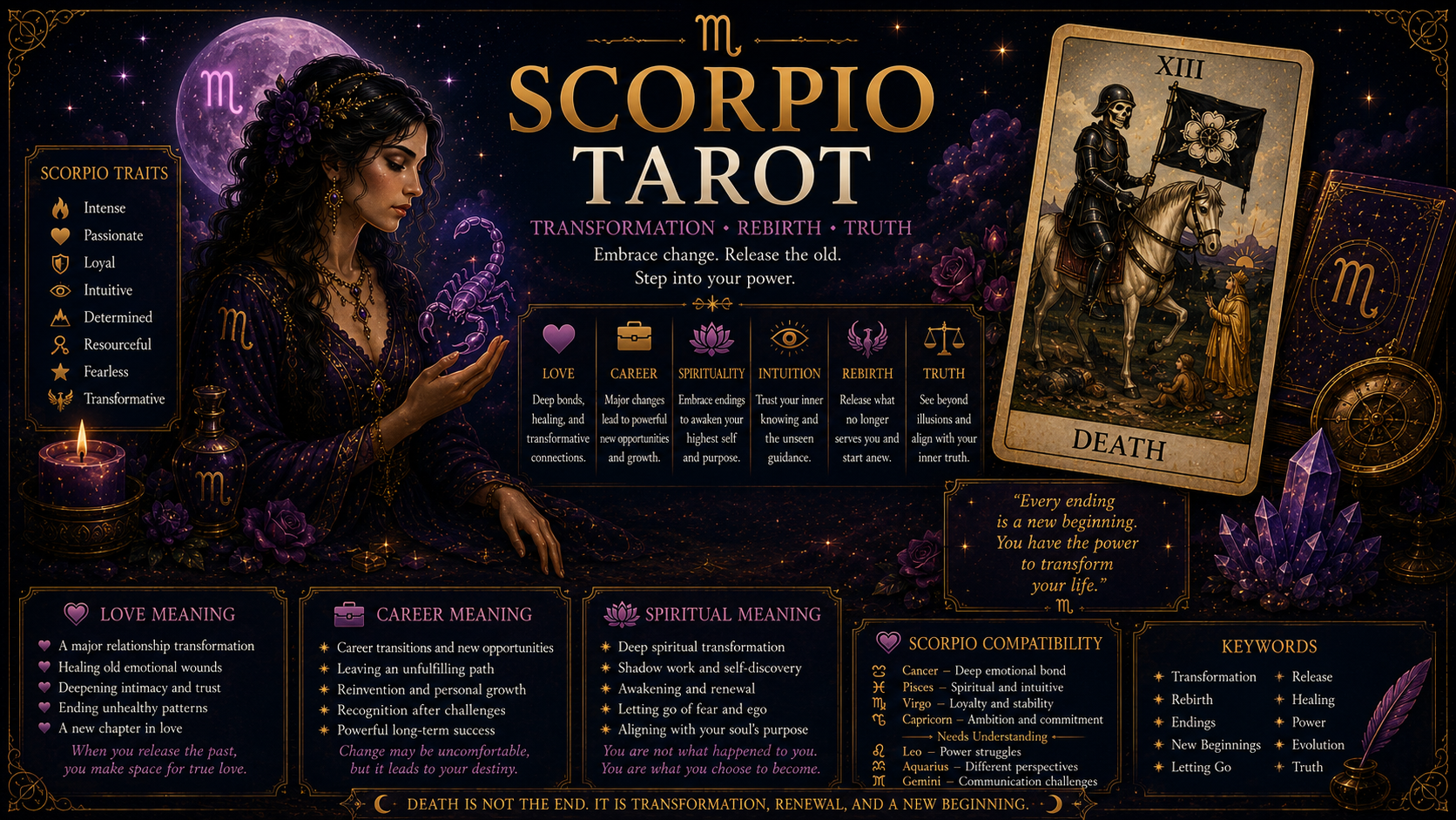 The symbolic Death tarot card representing Scorpio's energy of rebirth and transformation.