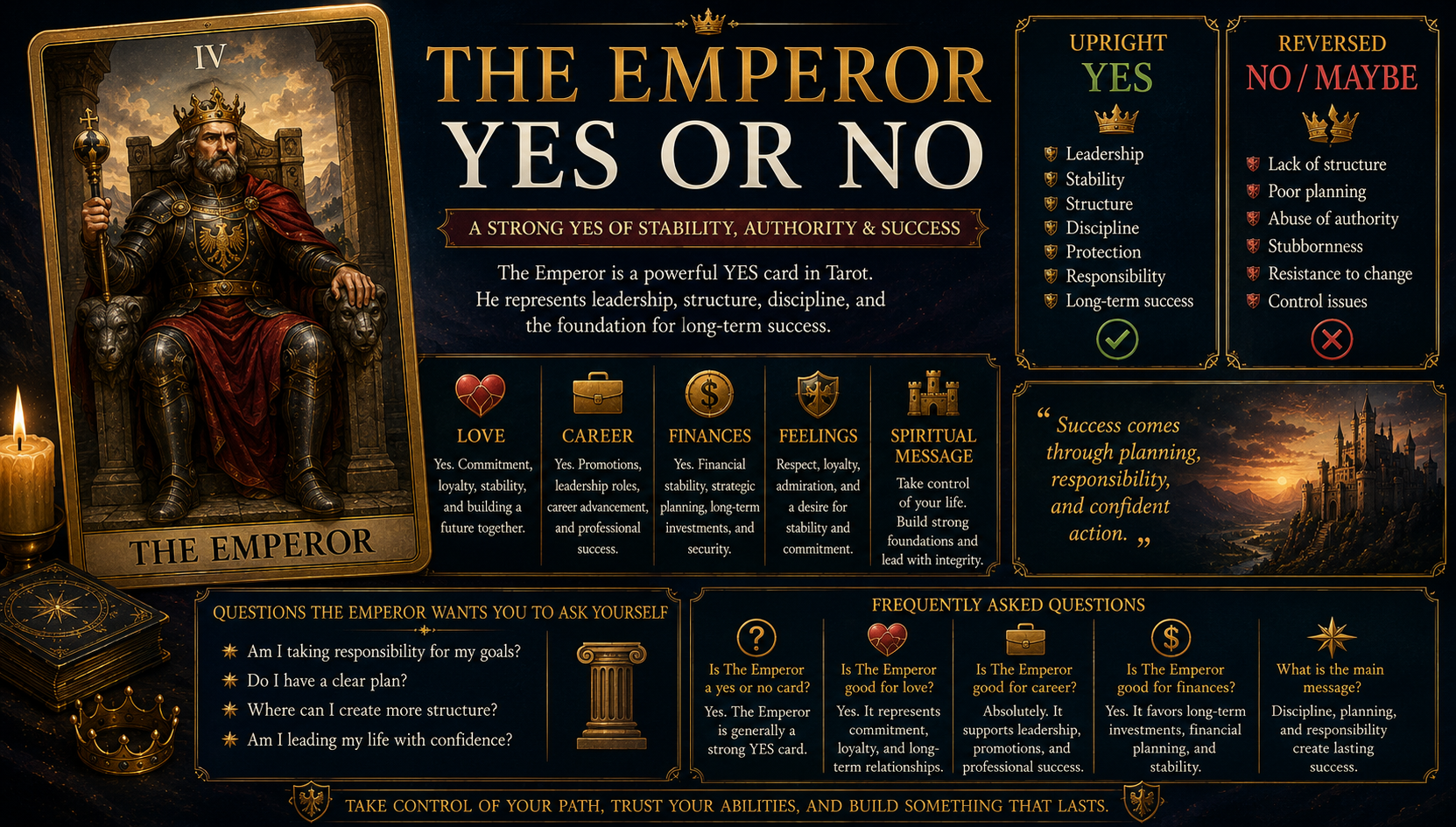 The Emperor tarot card from the Rider-Waite deck representing a firm yes for stability and leadership