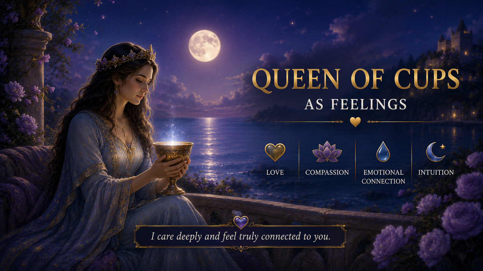 Queen of Cups tarot card signifying deep emotional affection and compassion