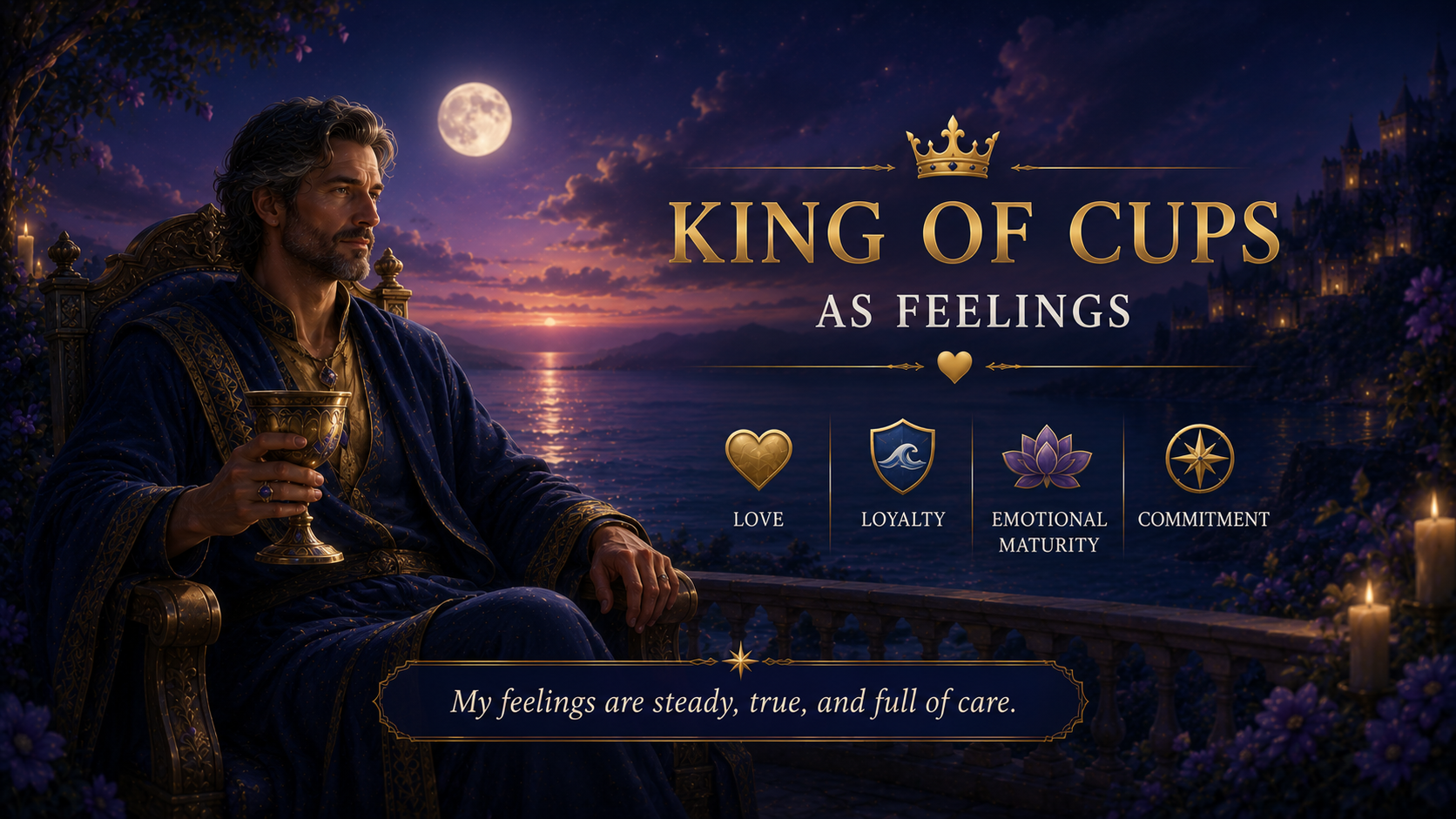 The King of Cups tarot card sitting on a throne over the ocean symbolizing emotional mastery