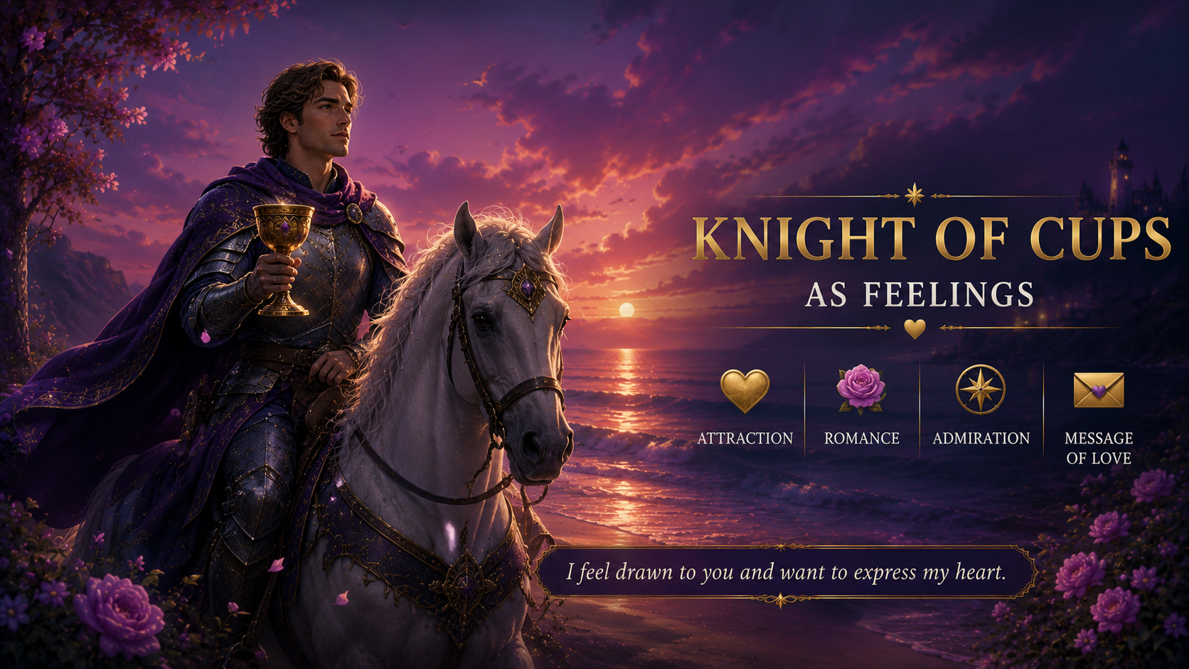 Knight of Cups tarot card representing romantic feelings and emotional attraction