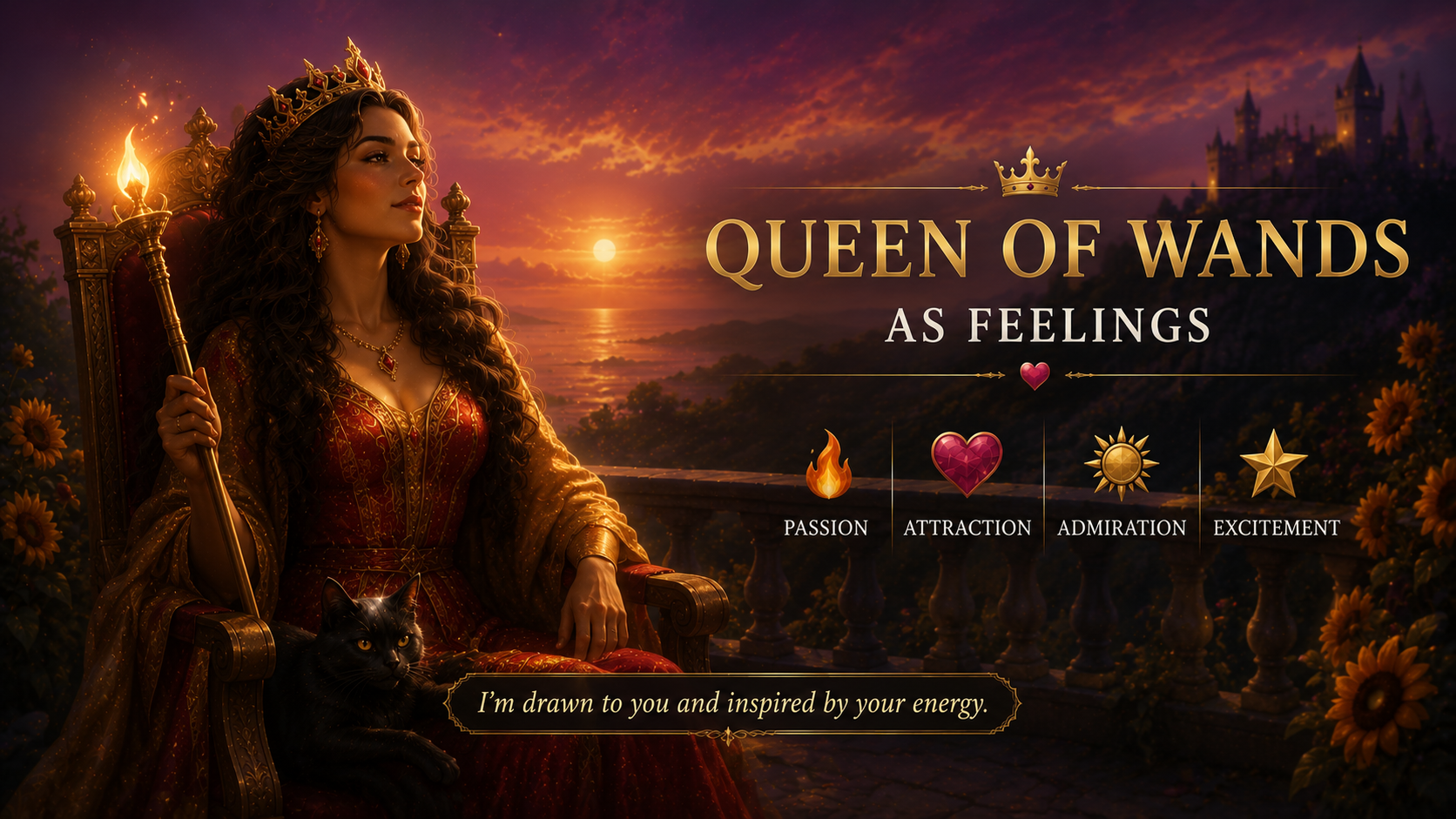 The Queen of Wands tarot card representing passion and confidence in feelings