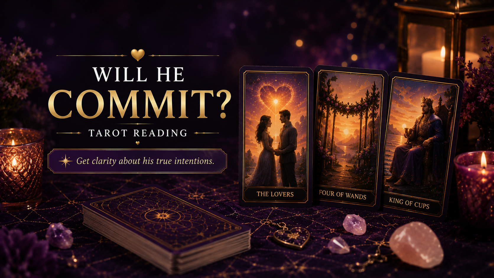 A tarot spread on a wooden table exploring relationship commitment and future intentions.