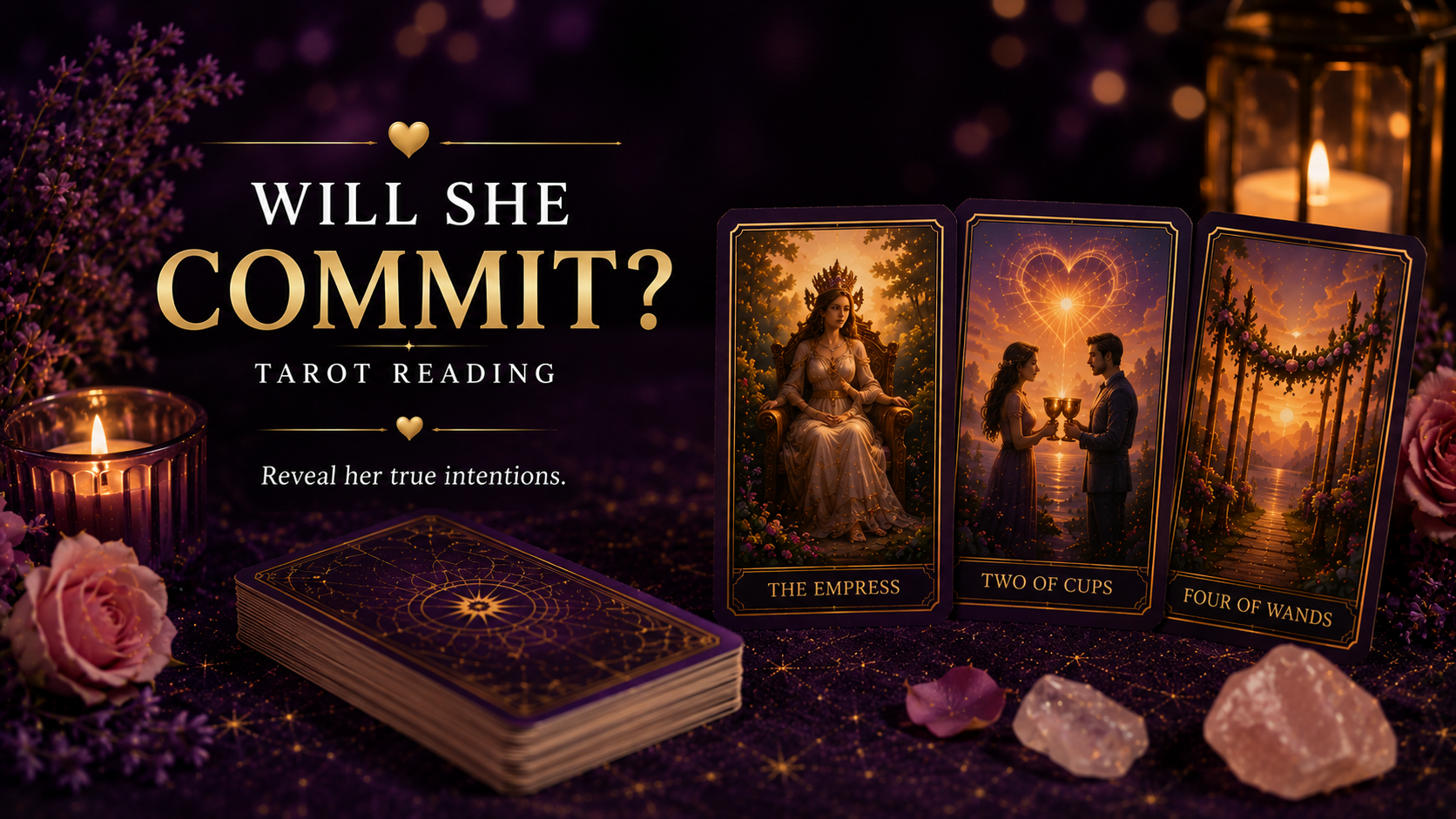 A tarot spread featuring cards of commitment like The Empress and Ten of Cups on a velvet cloth.
