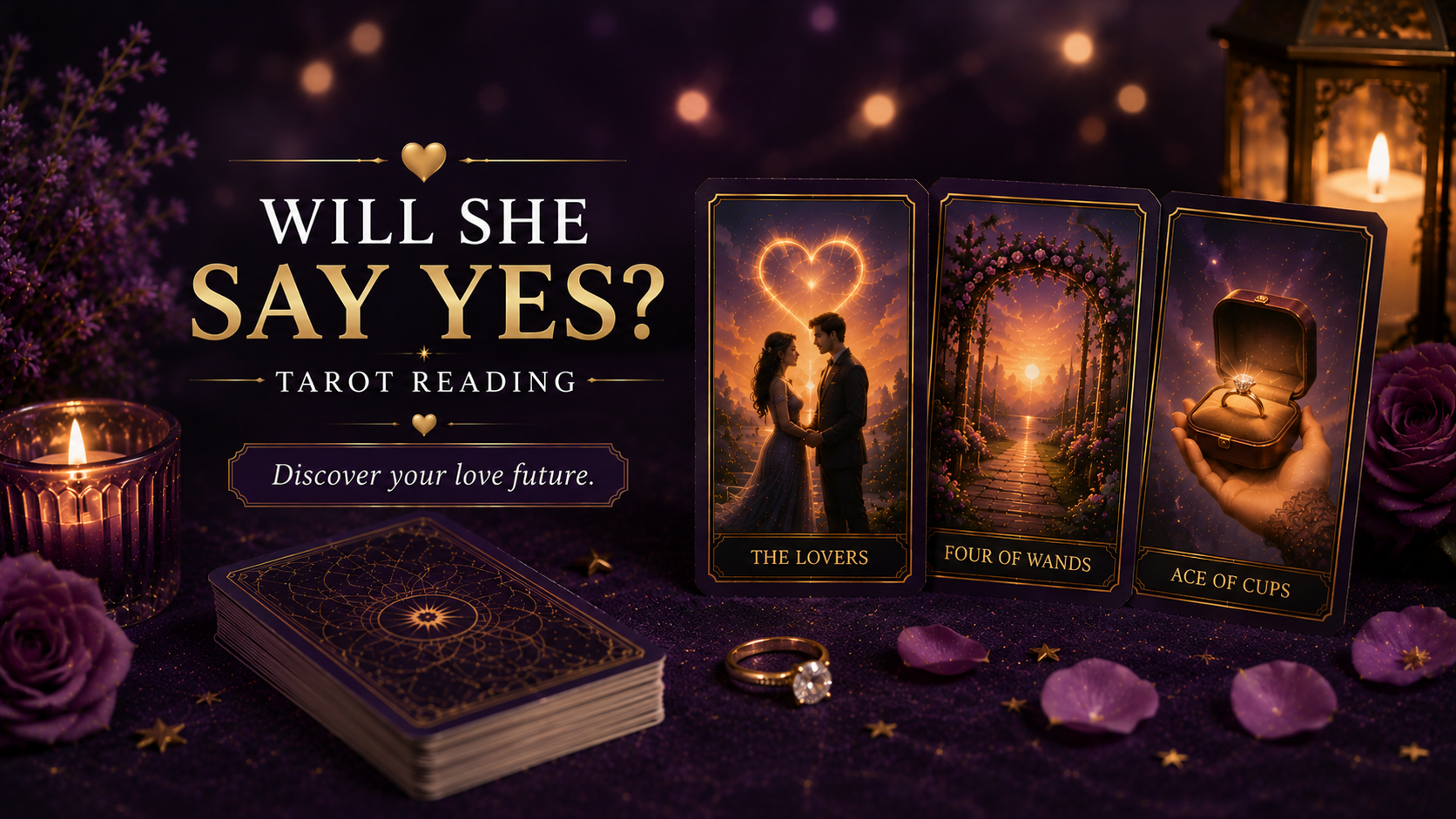 Tarot cards and a diamond engagement ring representing a Will She Say Yes tarot reading.