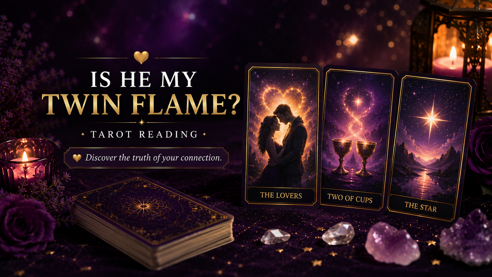A mystical tarot spread on a wooden table exploring the twin flame connection between two souls.