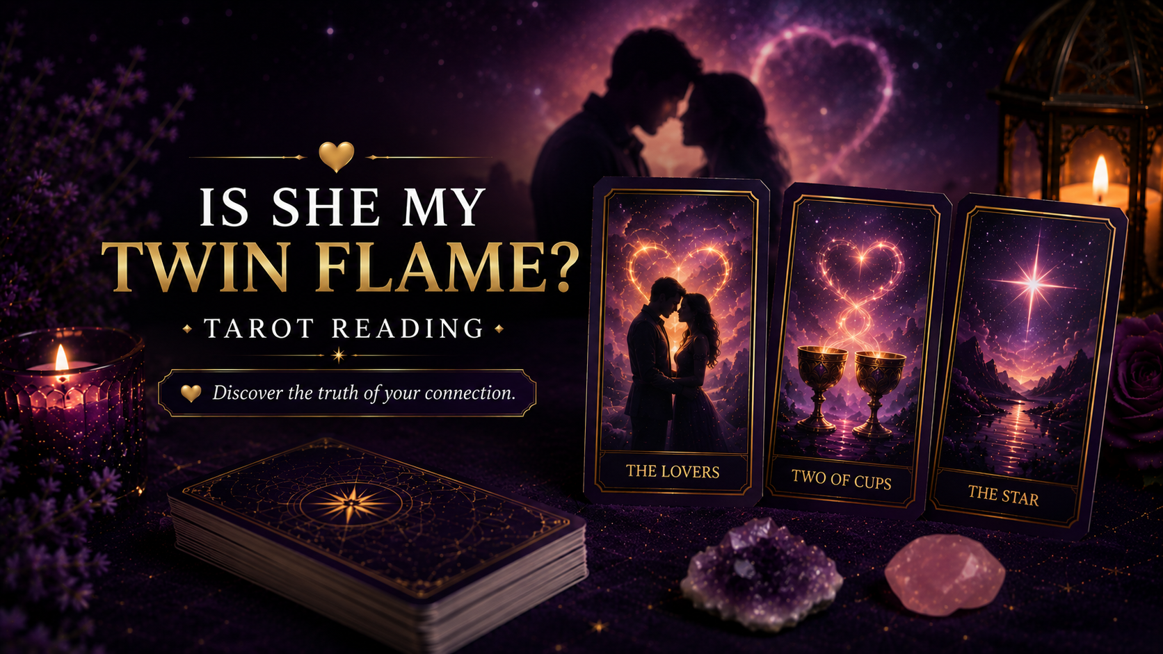 A mystical tarot card reading focusing on twin flame connection symbols and spiritual energy.