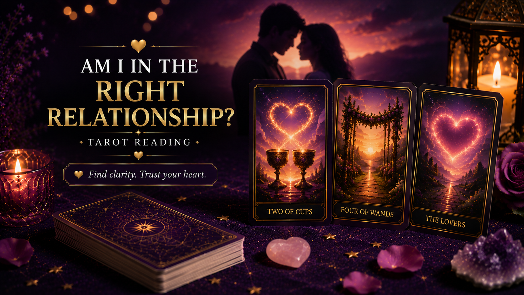 A tarot card spread for relationship clarity featuring the Two of Cups and The Lovers.