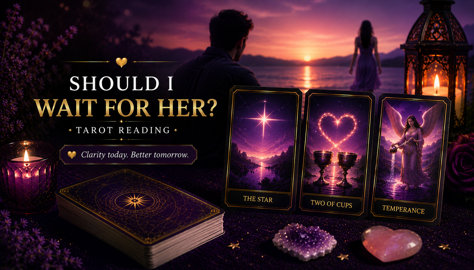 A tarot card spread for love and relationship guidance on a wooden table.