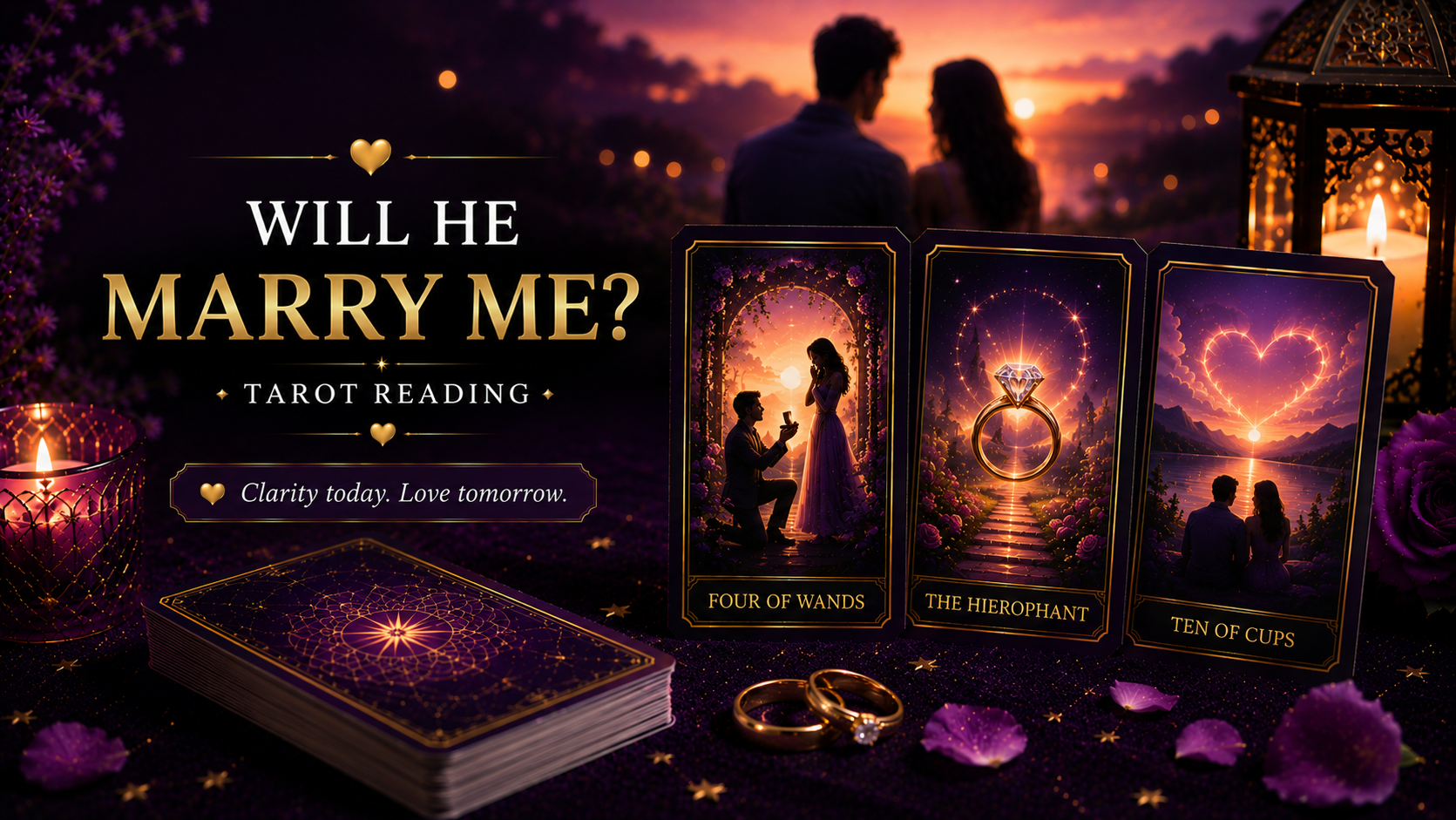 A romantic tarot card reading focusing on marriage and commitment cards like The Hierophant and Four of Wands.