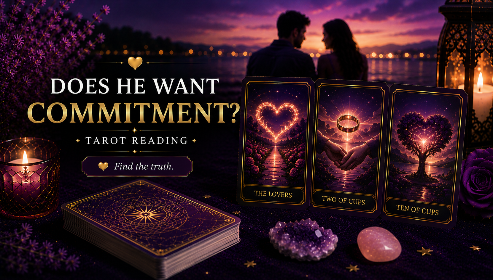 A tarot spread on a table illustrating relationship commitment and emotional intentions.