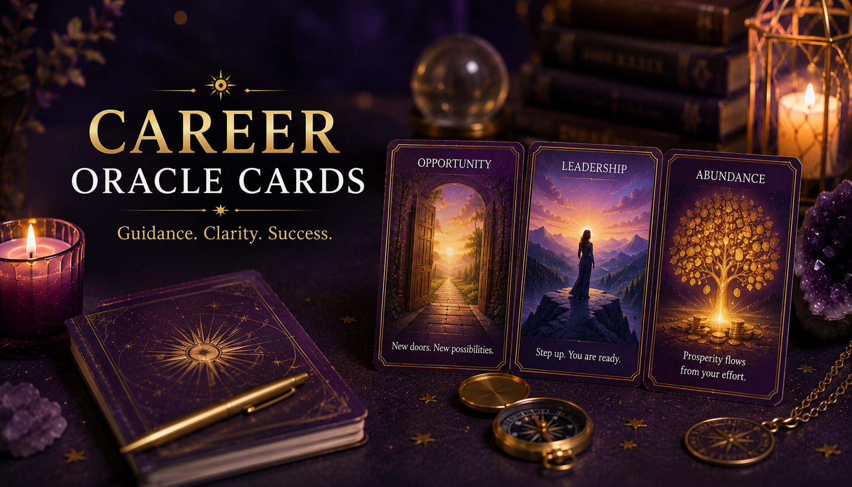 A professional desk setting with Career Oracle Cards spread out for a reading.