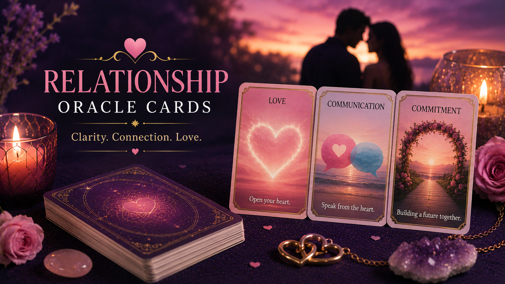 A collection of beautiful relationship oracle cards and a three-card oracle spread for love and commitment.