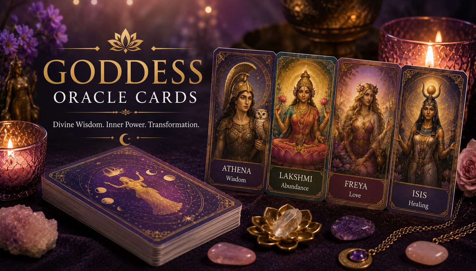 A collection of illustrated Goddess Oracle Cards featuring diverse divine feminine archetypes