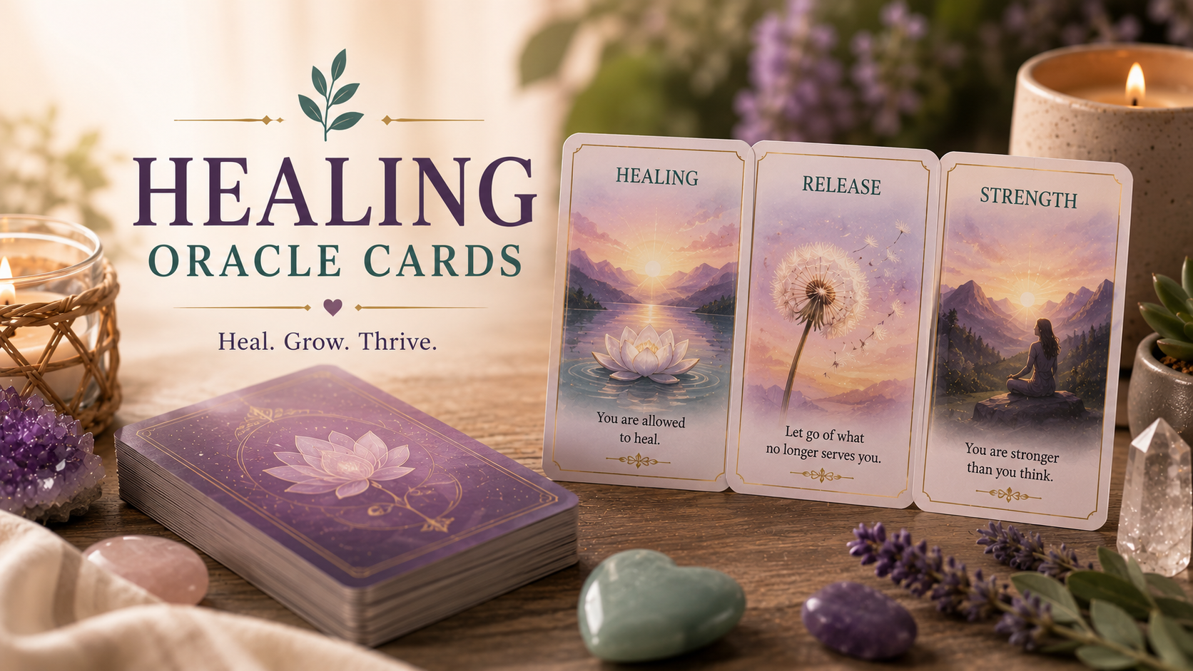 A serene collection of healing oracle cards arranged for a reflection reading.