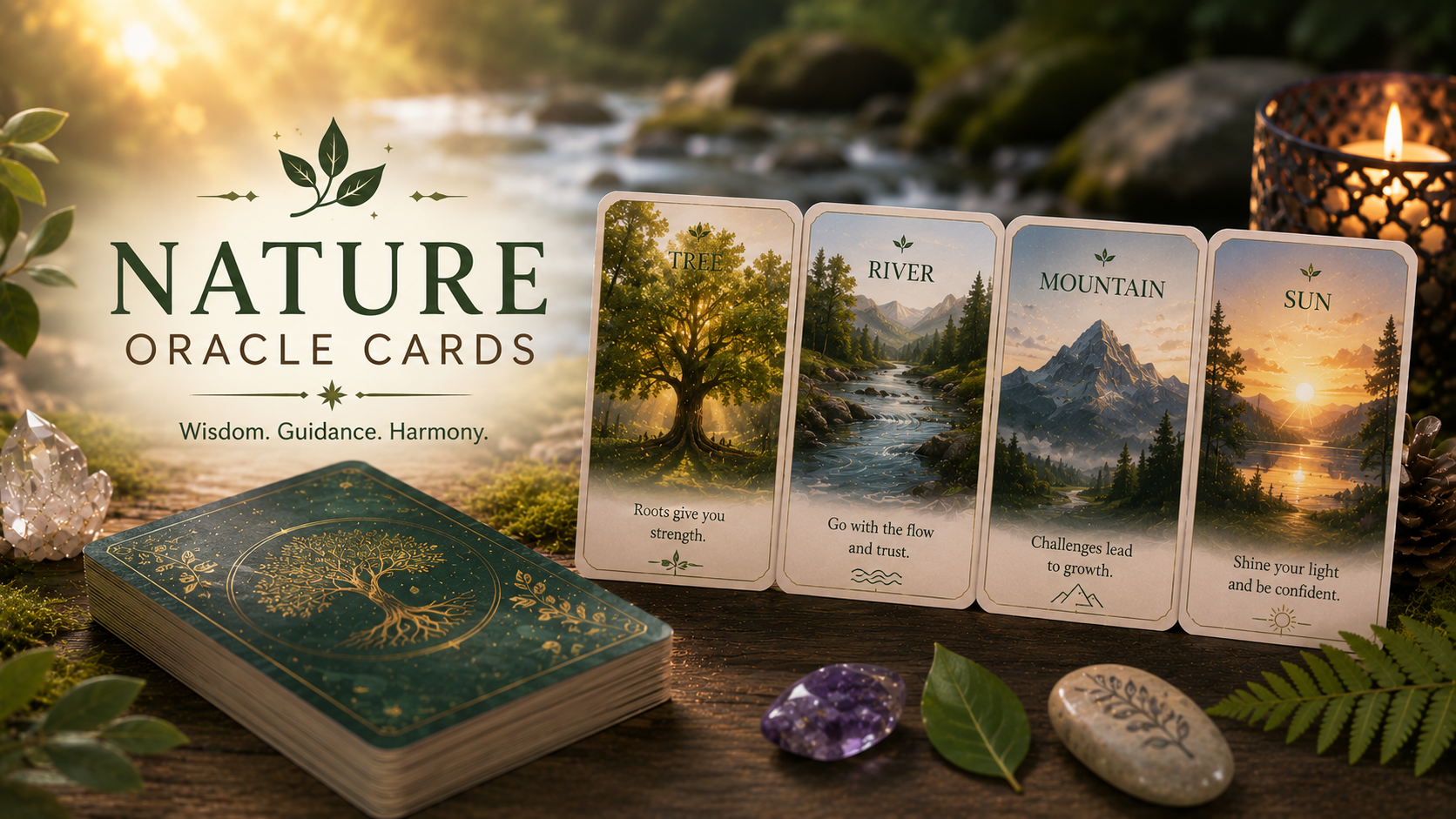 A peaceful arrangement of oracle cards featuring mountains, trees, and flowers in a natural forest setting.
