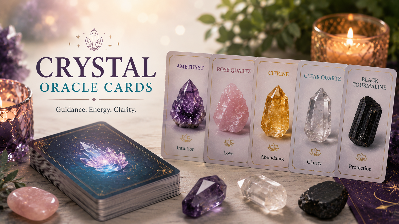A collection of crystal oracle cards featuring images of Amethyst, Rose Quartz, and Citrine for spiritual guidance.
