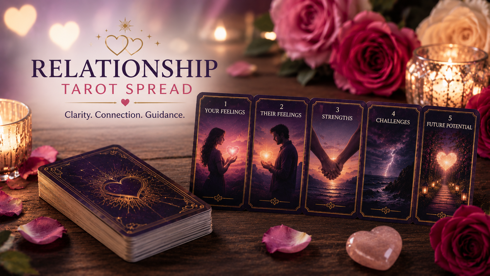 Several tarot cards laid out in a relationship spread on a wooden table with a candle.