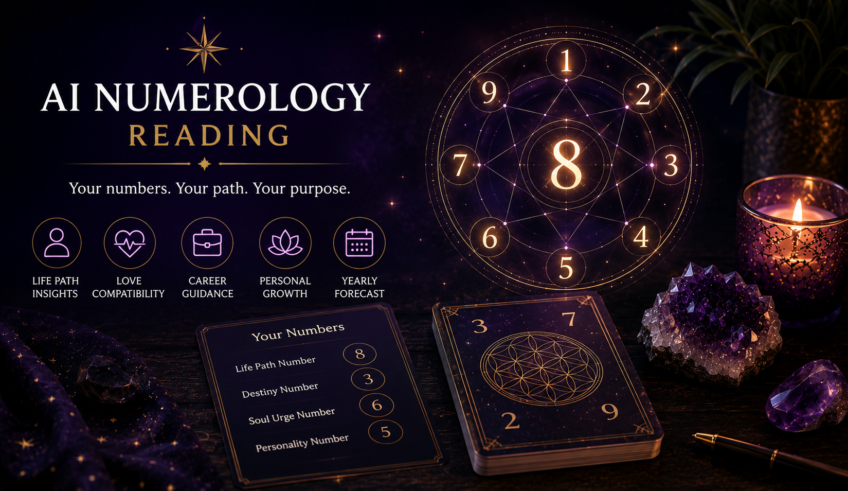 A glowing digital interface displaying numerology calculations and symbolic numbers for a Life Path Reading.