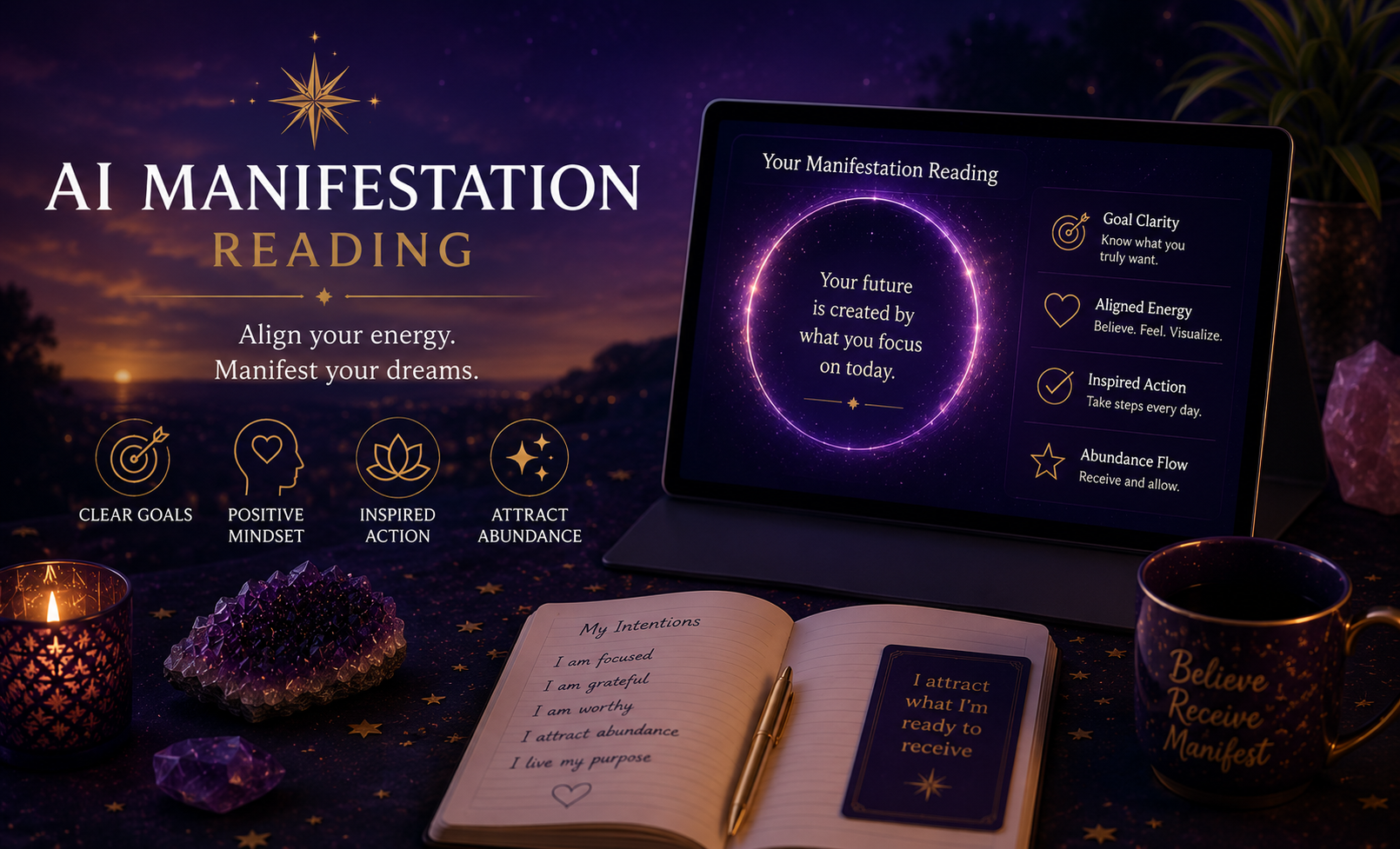 A futuristic digital interface representing personal growth and manifestation alignment.