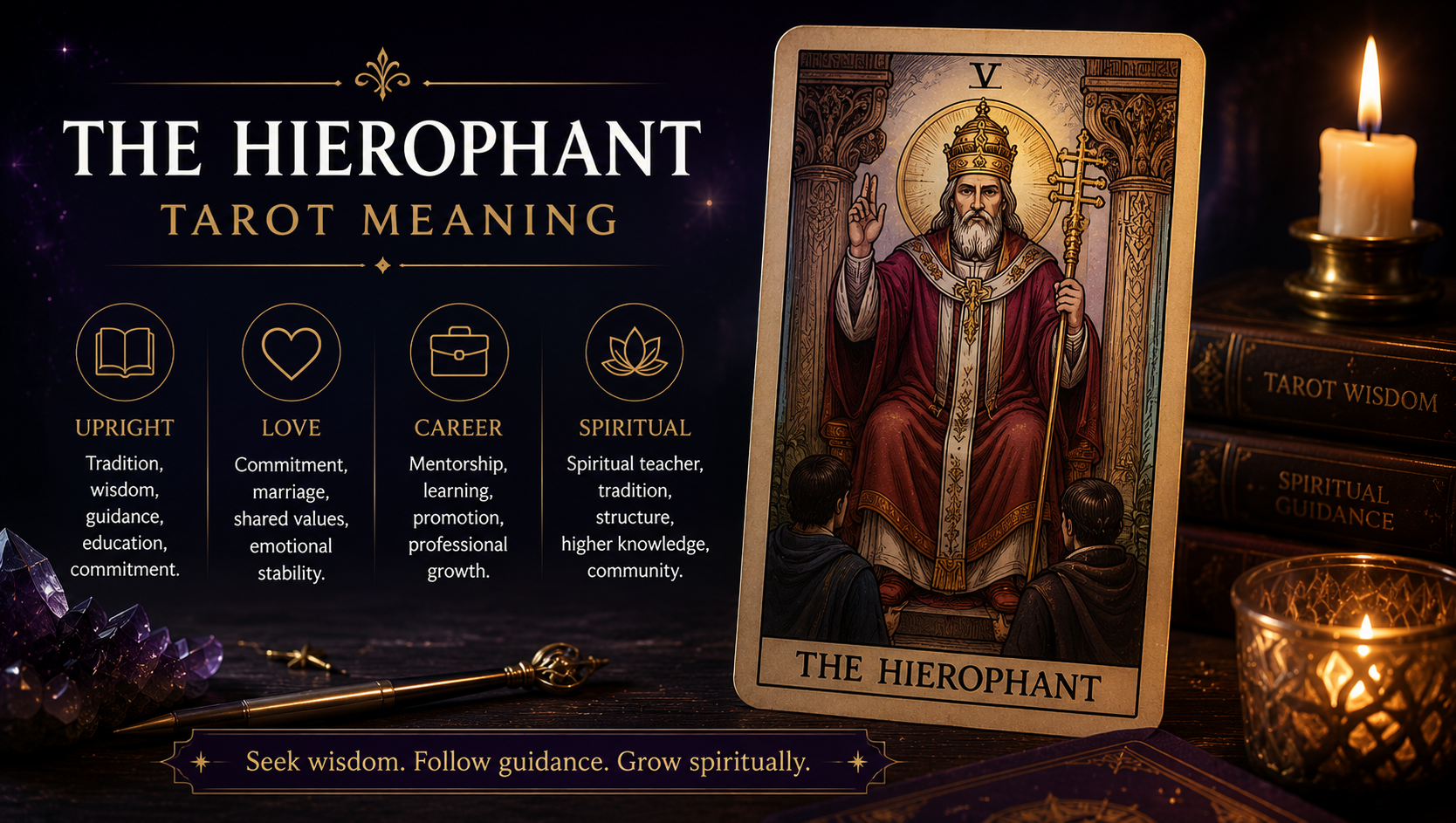 The Hierophant tarot card depicting a spiritual teacher sitting between two pillars with two followers.