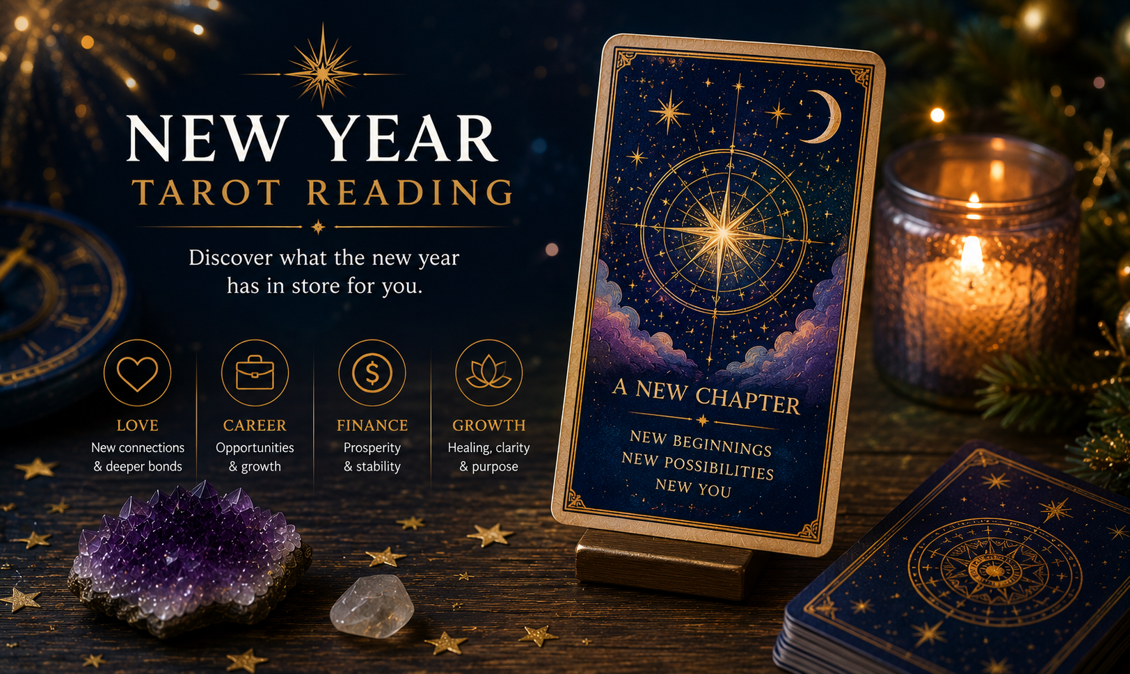 A set of tarot cards arranged in a circular New Year spread with candles and a journal