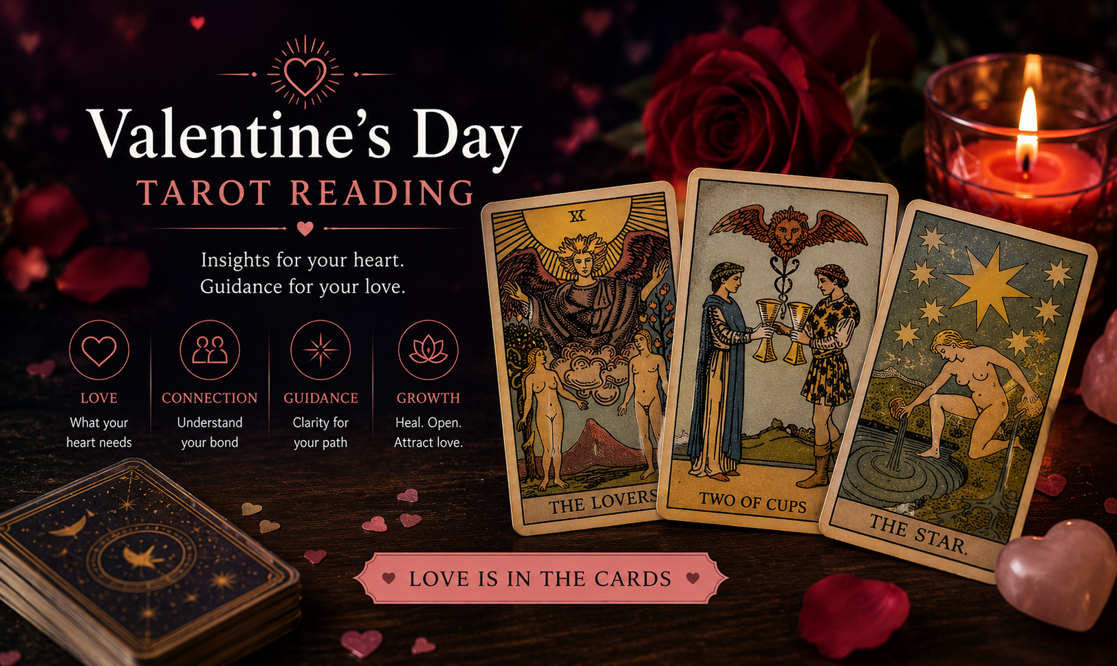 A romantic tarot card spread featuring The Lovers and Two of Cups for Valentine's Day