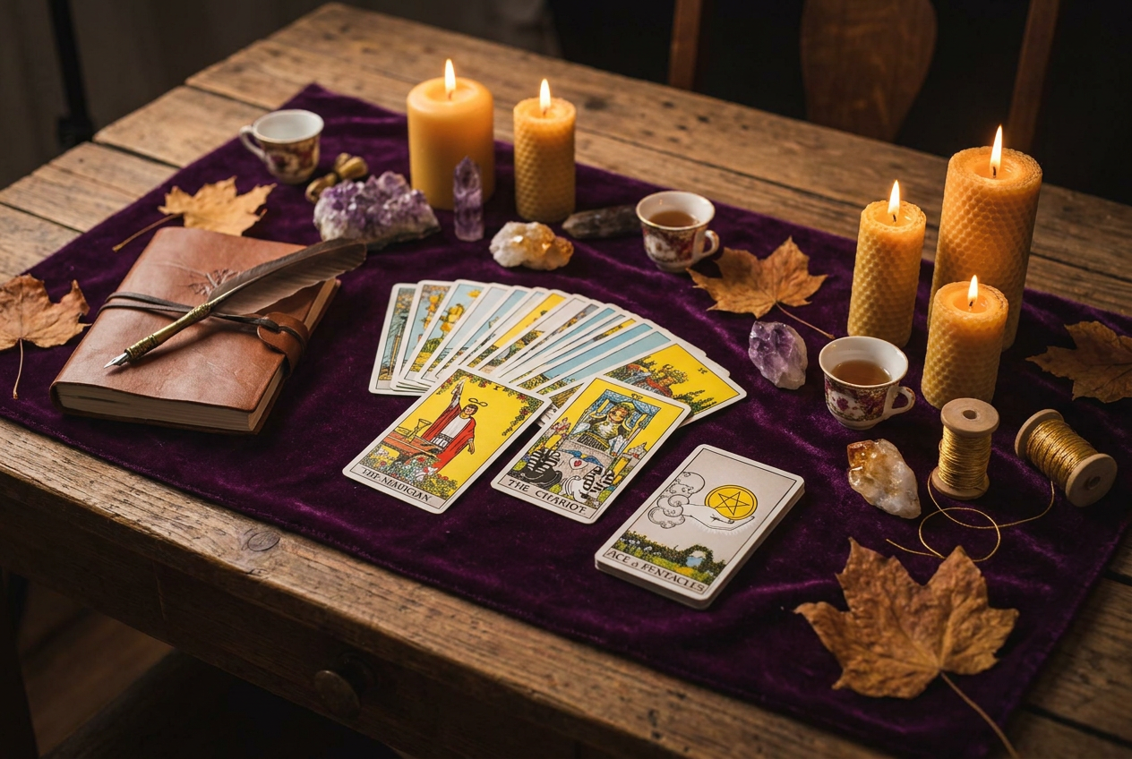 A tarot deck on a cozy desk with candles, a journal, and warm light for choosing a meaningful career path