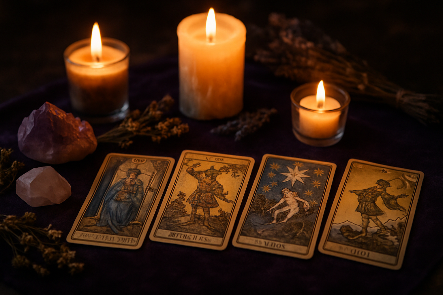 A cozy tarot reading setup with candles, crystals, and a spread of cards.