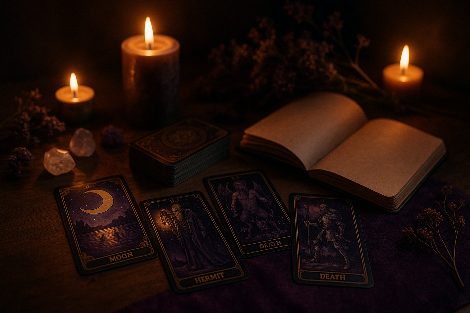A cozy tarot deck and journal on a warm table, surrounded by candles, symbolizing shadow work and healing.